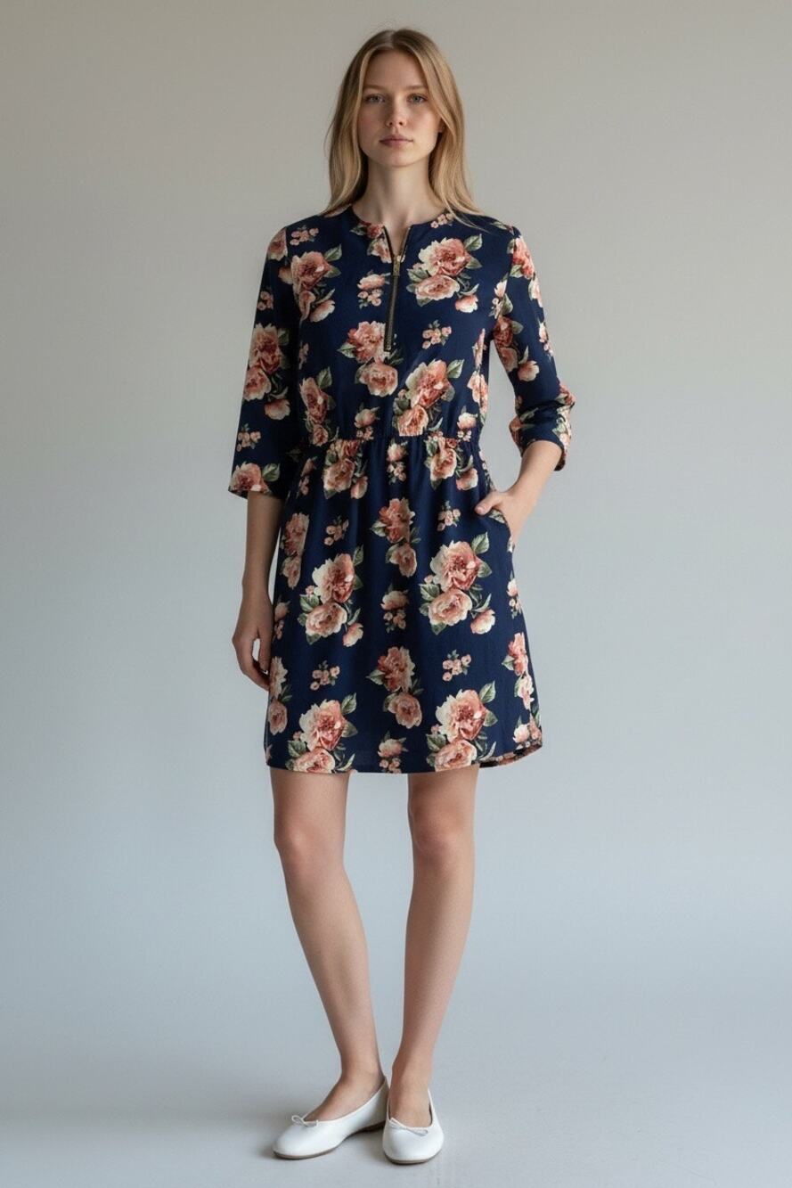 Stella Tweed Floral Mini Dress Navy Blue Pink Peony Zip V-Neck Size S, Coquette
